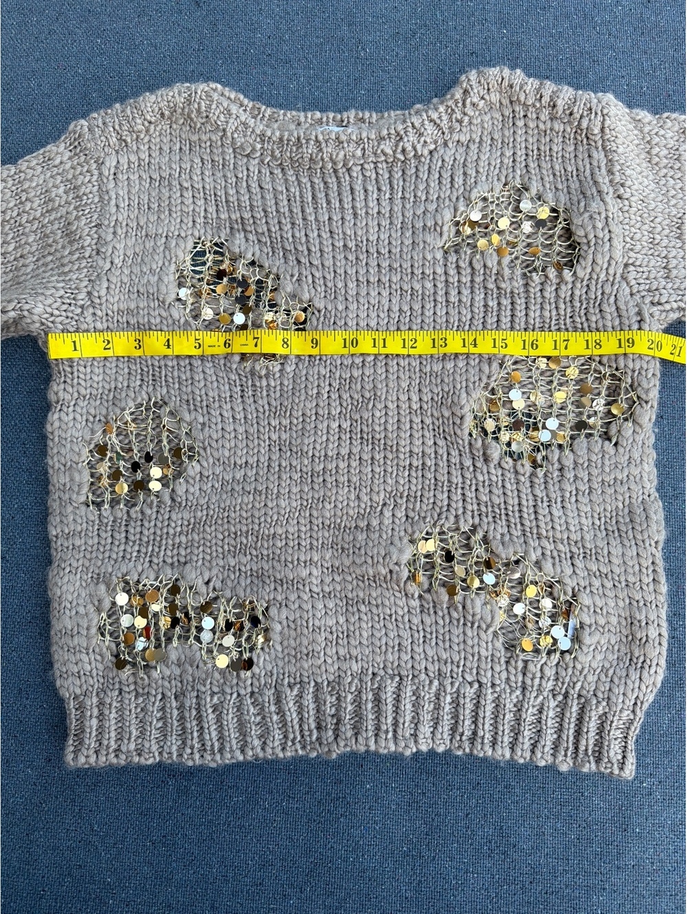 Zara Women's Size S Taupe Chunky Knit Gold Sequin Detail Crew Neck Sweater - Picture 3 of 9